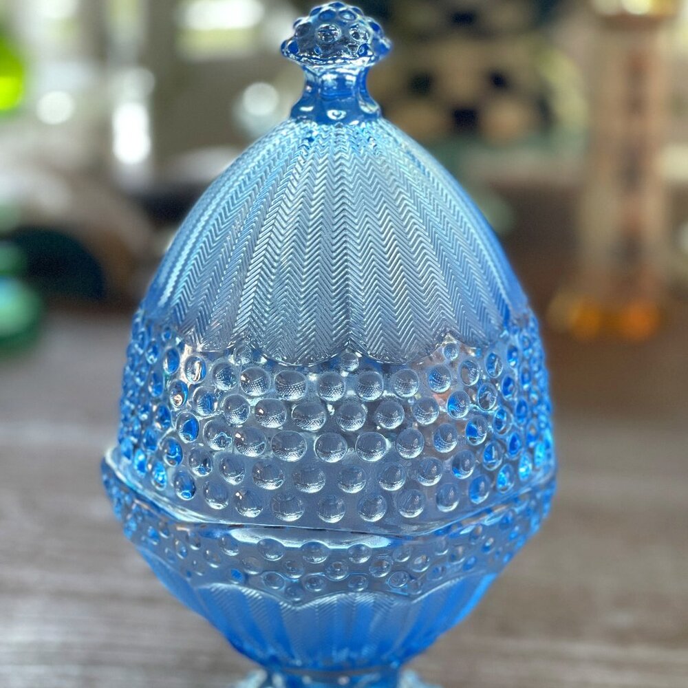 Gorham Crystal Blue Hobnail Egg Shaped Candy Dish - Picture 1 of 16